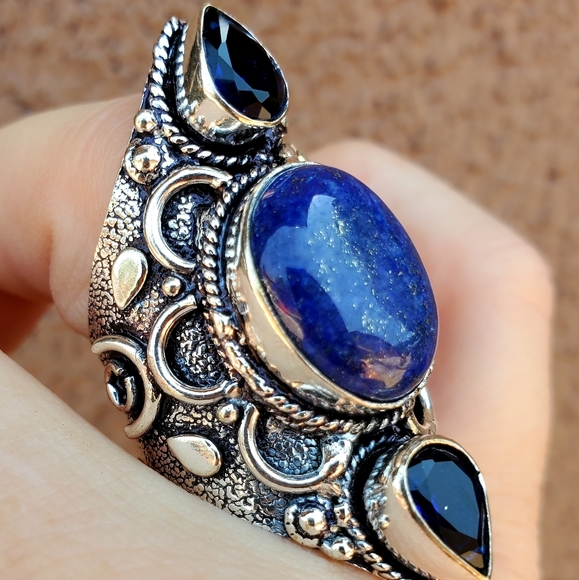 New Lapis Lazuli & Blue Topaz 925 Silver Statement Ring. - Picture 11 of 15